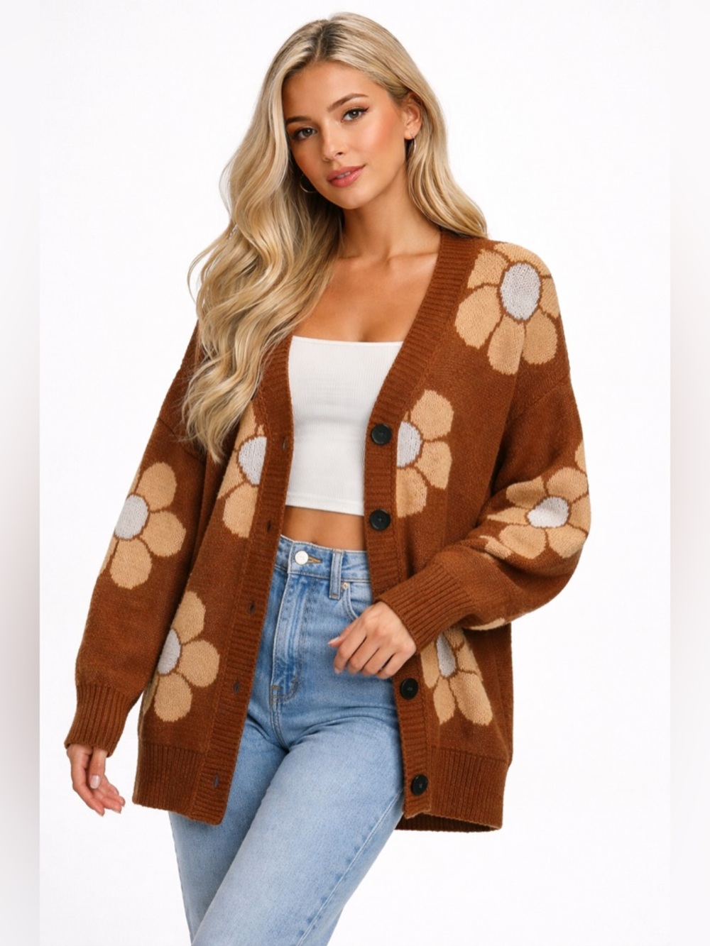 SHEIN Brown Floral Button-Up Cardigan with Cream Accents